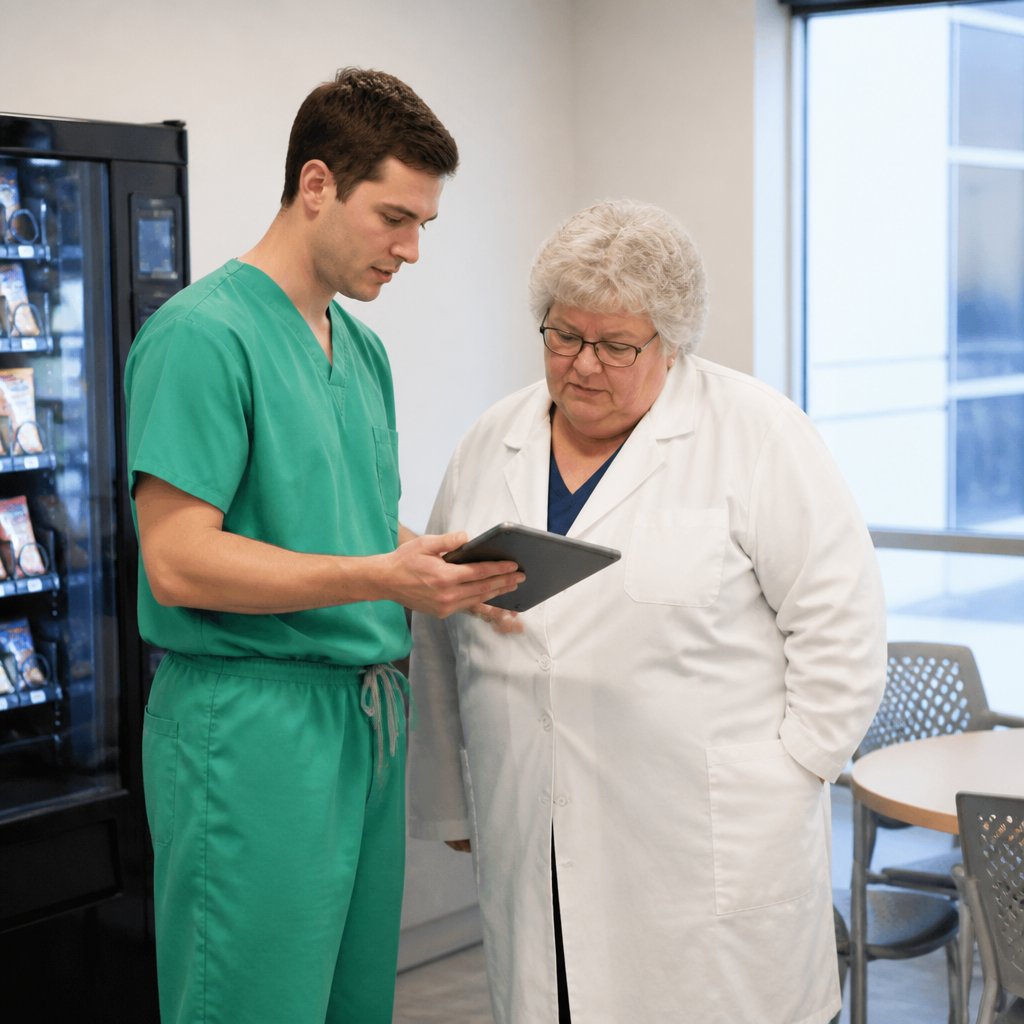 Resident showing anesthesia workstation image to woman in hospital break room.
