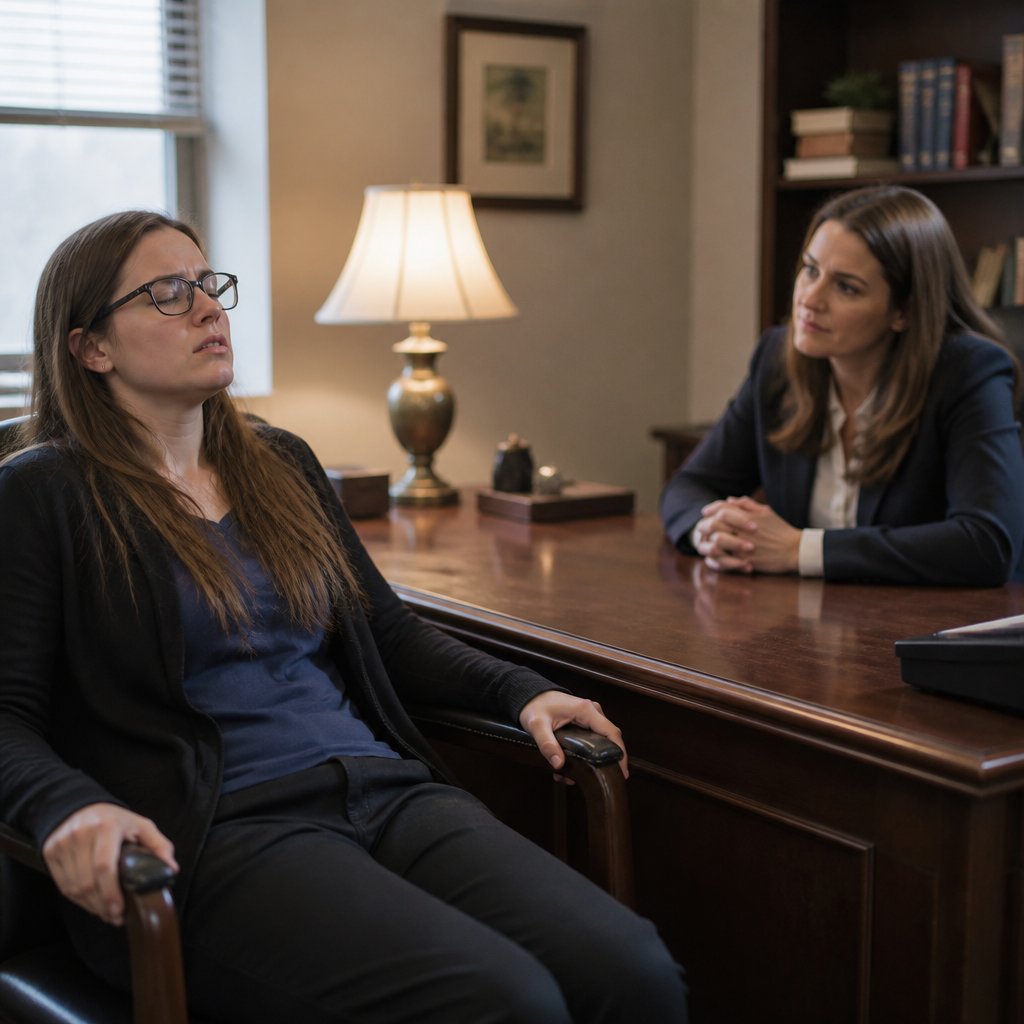 Woman sitting in lawyer's office with eyes closed, gripping the chair in frustration