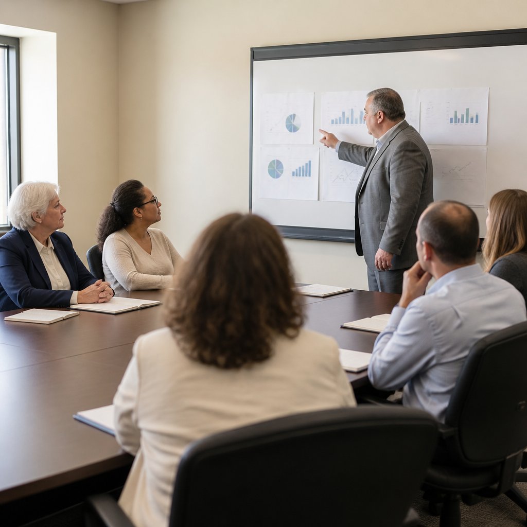 Older woman listening tensely as lab director praises audit results in conference room