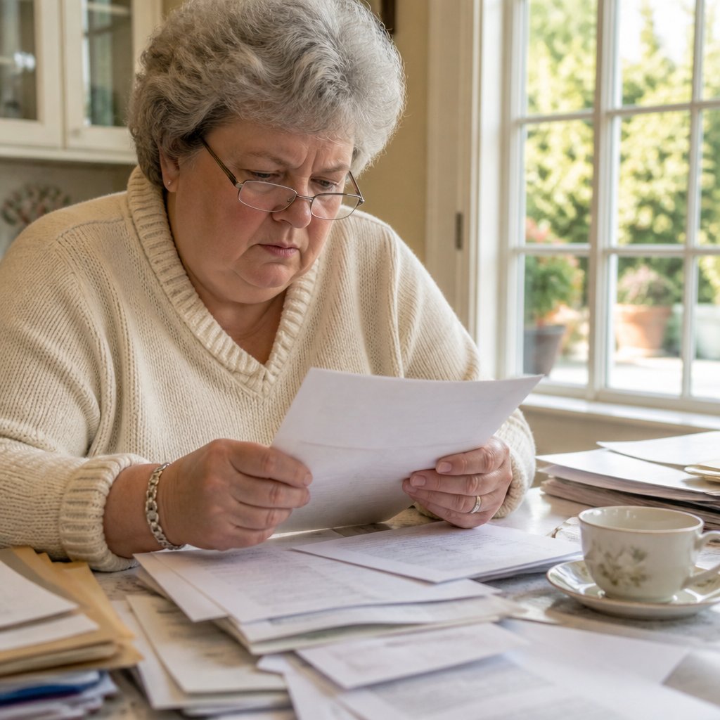 Woman confronting denial letters and accusations at home kitchen table
