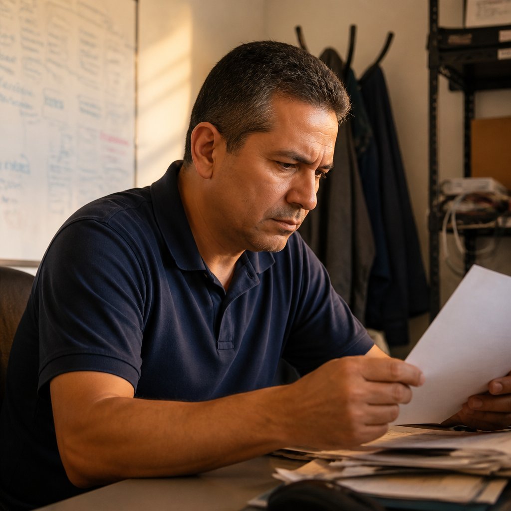 Mara reviews a printed meeting invite titled 'Mara—Risk' in IT office