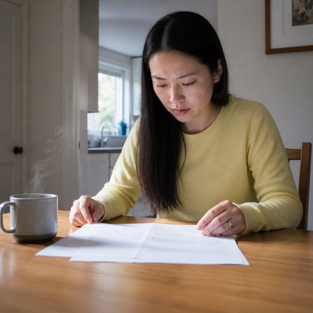 Woman reading a legal lien notice at dining table, looking concerned