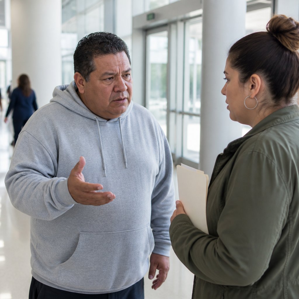 Man and woman discussing confidential settlement offer in hospital lobby