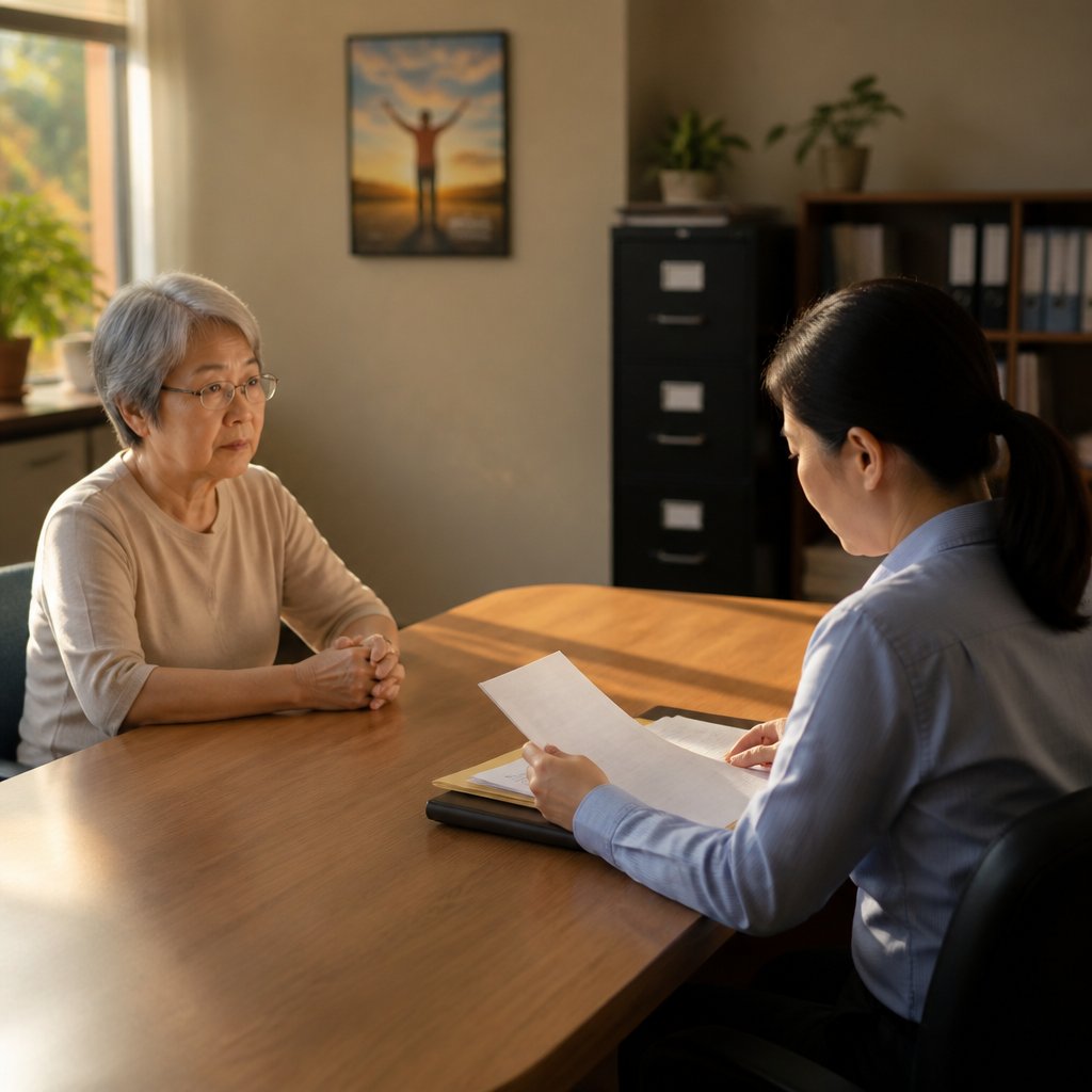 Older East Asian woman in HR office during phone inspection by stern HR representative.