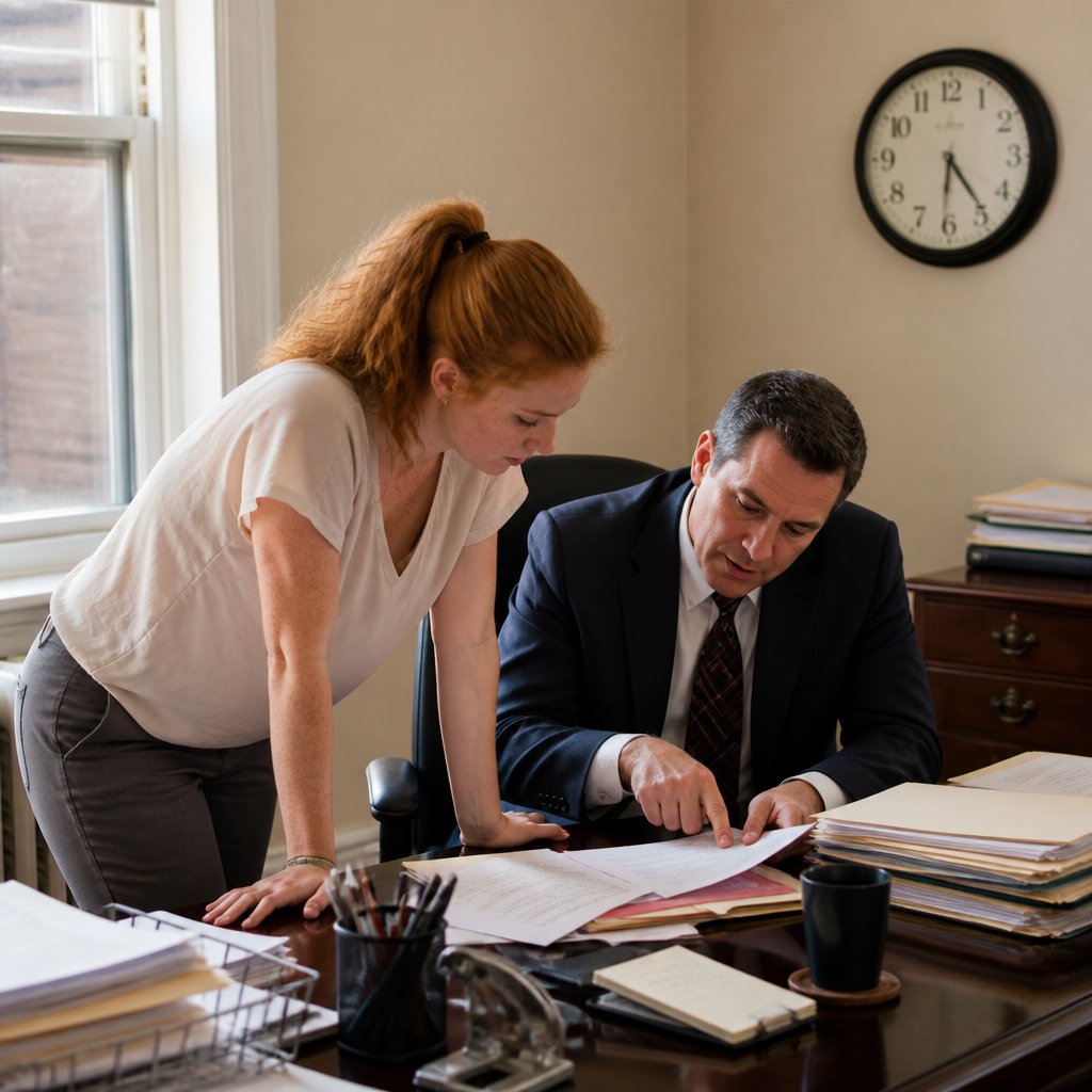 Woman with red hair and her lawyer reviewing preservation notices in an office.