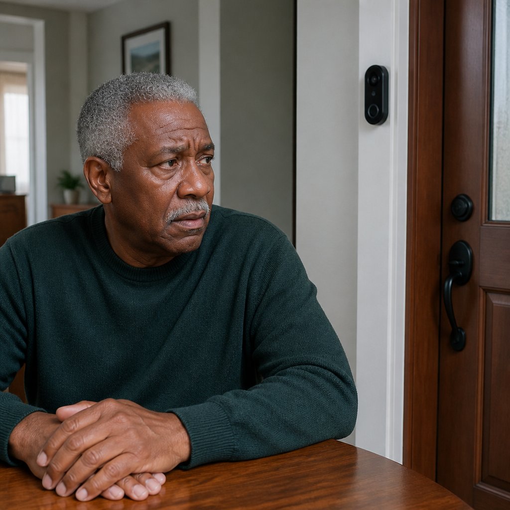 Man sitting worried at table looking at turned-off doorbell camera by front door