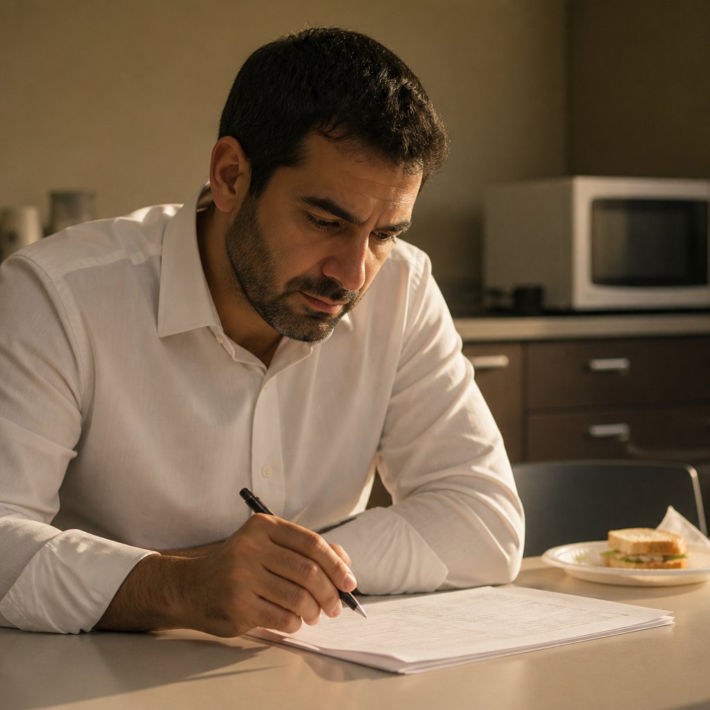 Man examining a suspicious attendance record printout in a break room.
