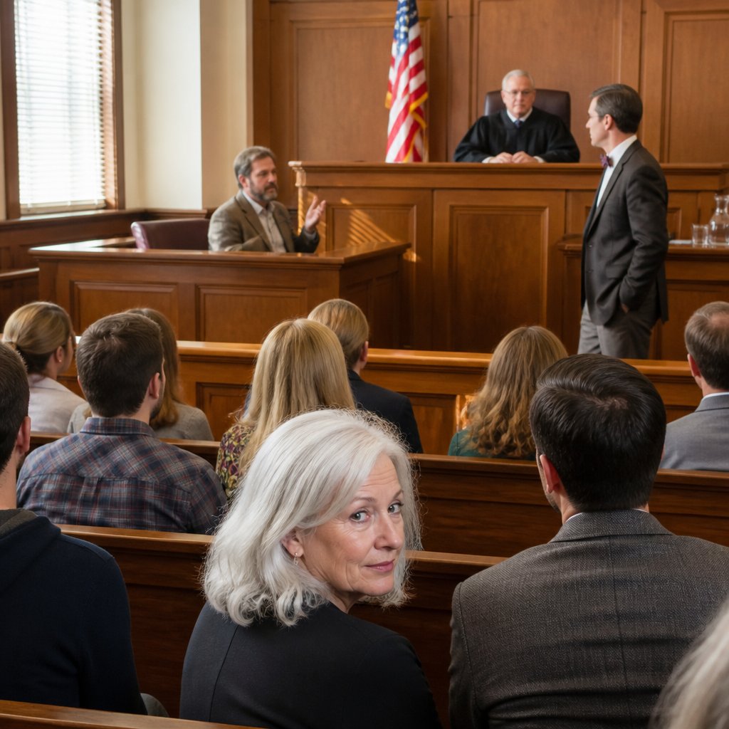 Ornithology professor testifying calmly in court while opposing lawyer looks outmatched