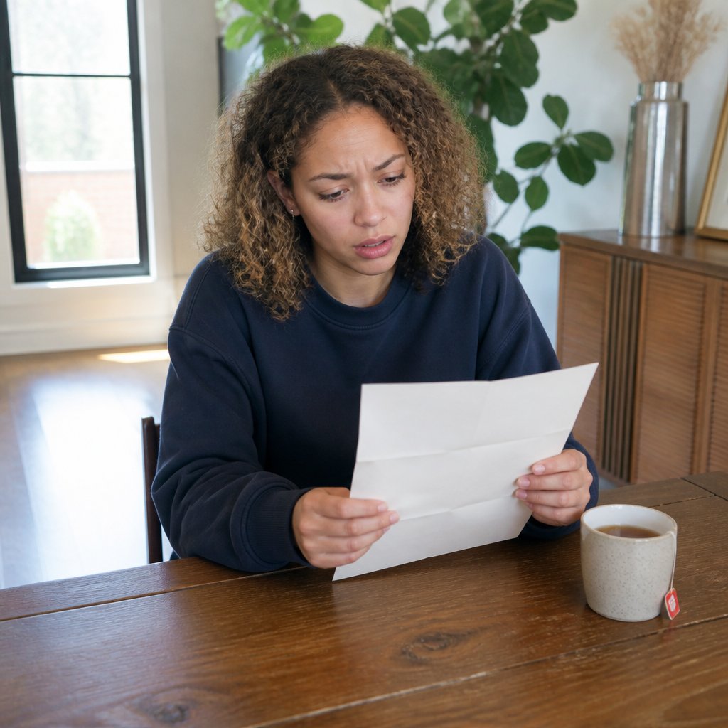 Woman contemplating a settlement letter in a quiet dining room