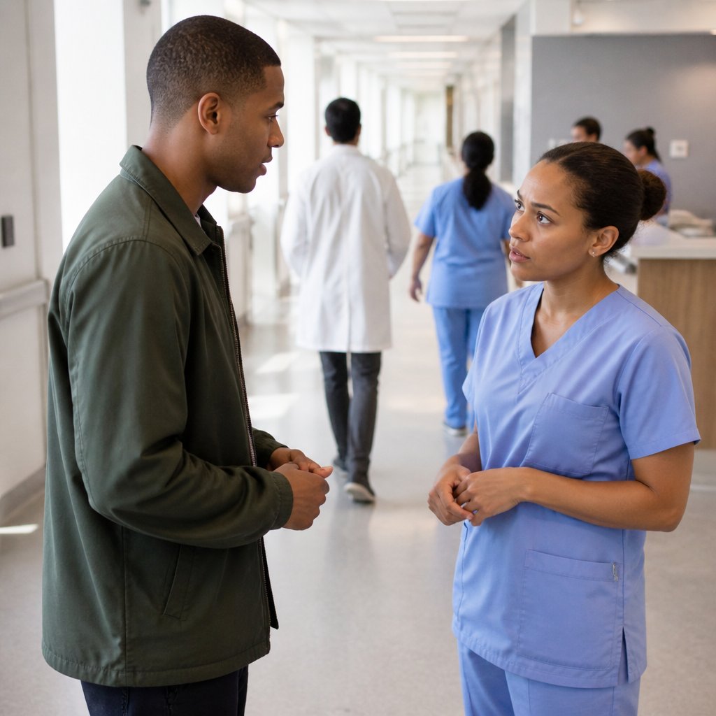 Man speaking discreetly with a nurse in hospital corridor, nurse looks worried.