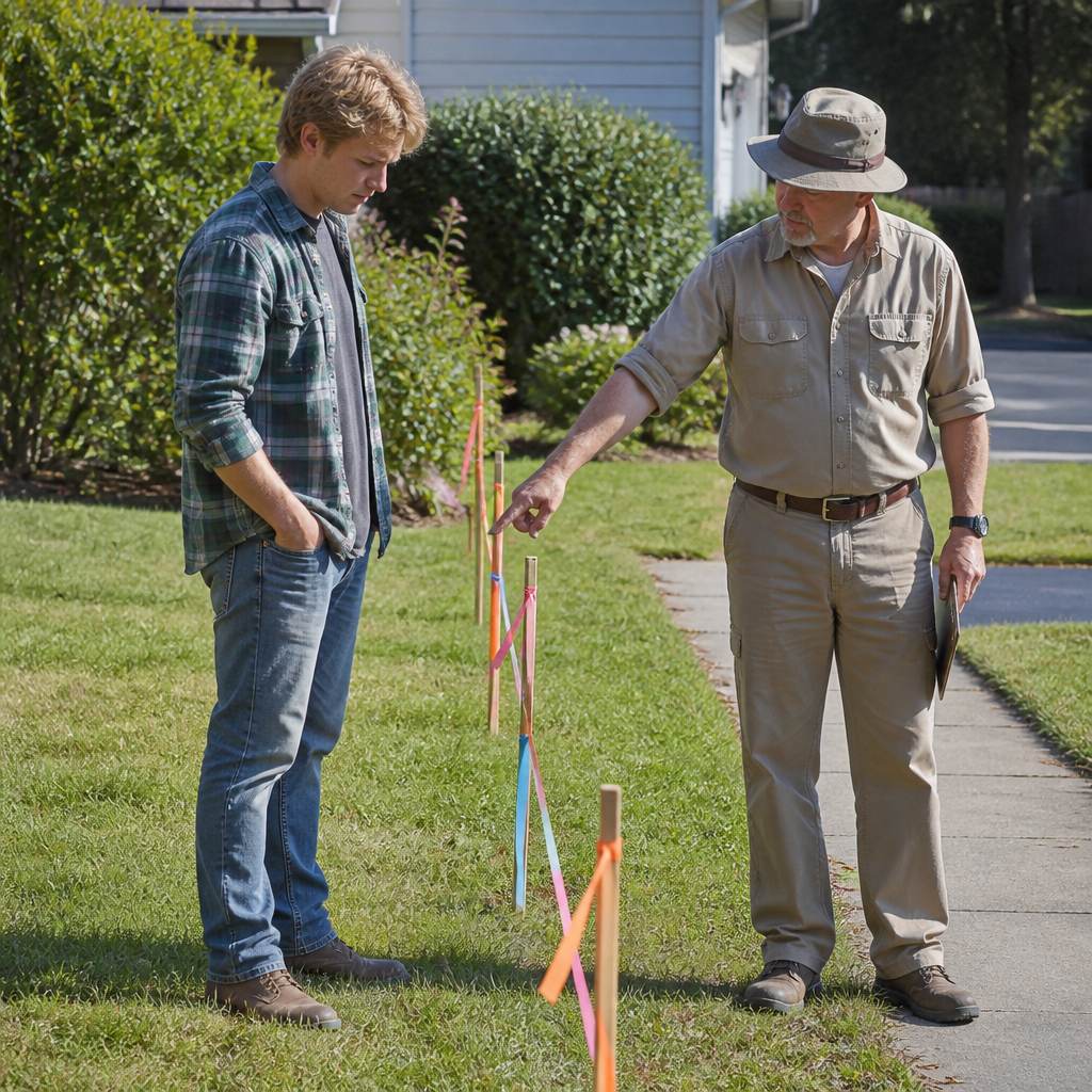 Young man and surveyor examining property stakes near sidewalk boundary in front yard