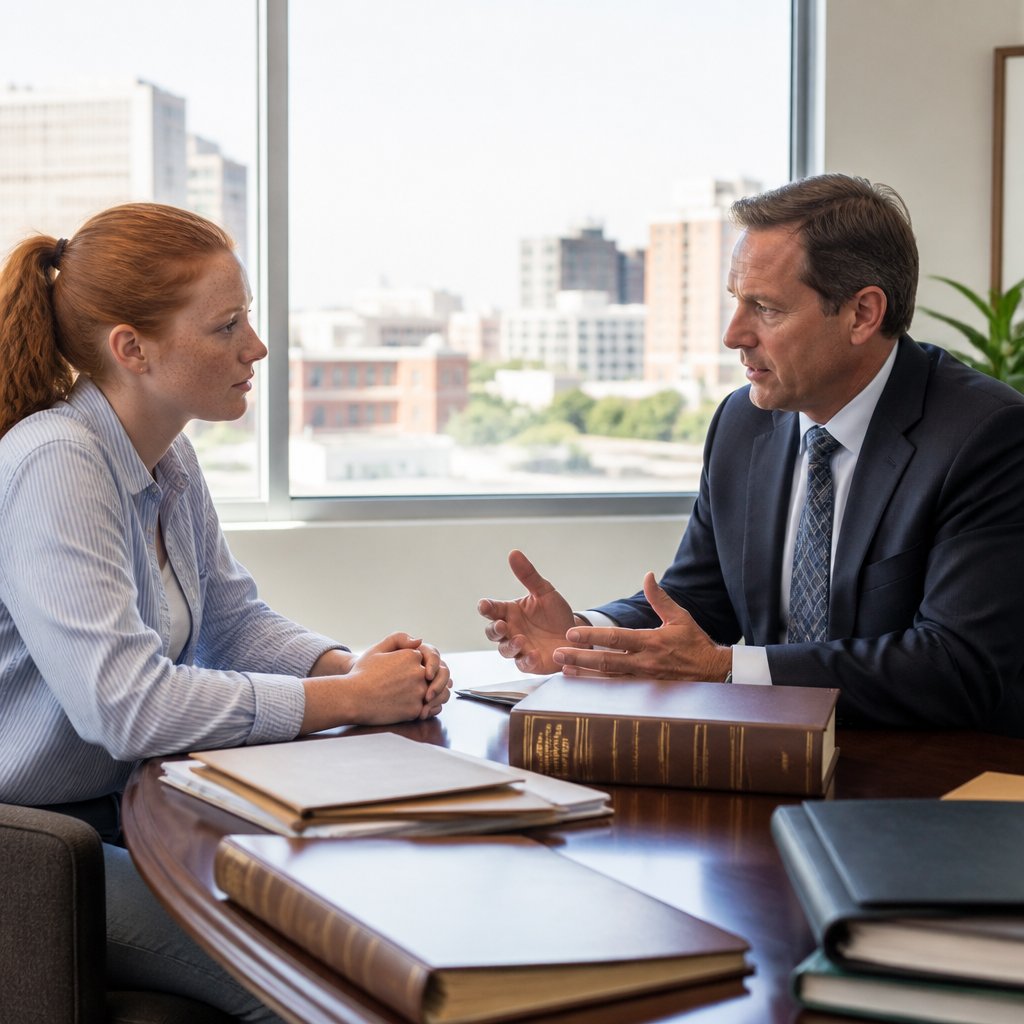 Woman and lawyer reviewing case documents in an office setting.