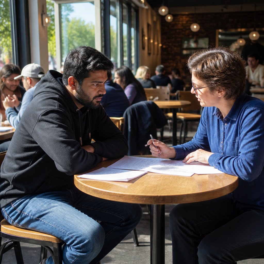 Man and his lawyer discussing documents over coffee in a busy café.