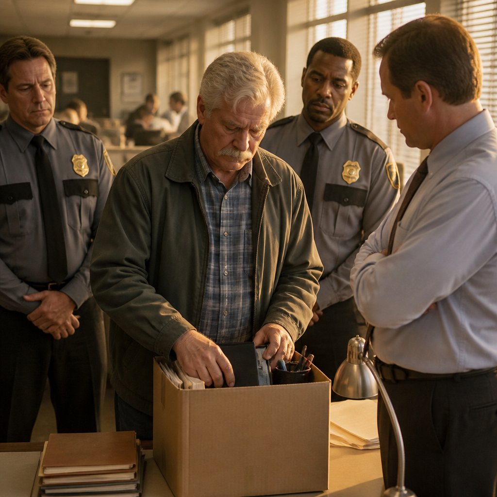 Man packed up at desk escorted by security and supervisor