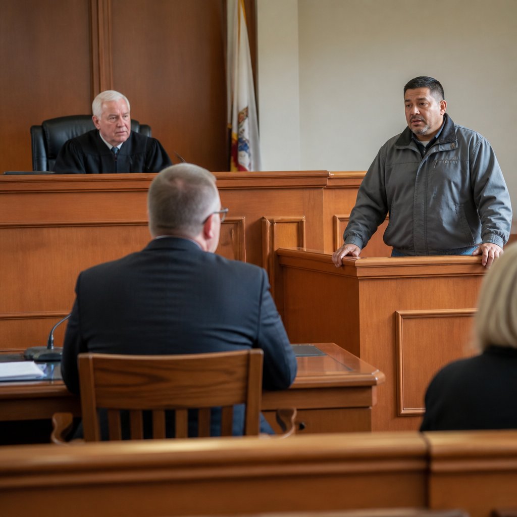 Bus driver testifying in courtroom, appearing tense and earnest.