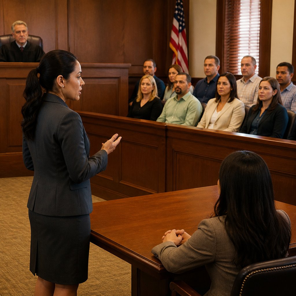 Plaintiff's attorney delivering opening statement to attentive jury in American courtroom