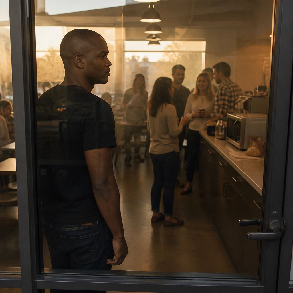 Man looking into break room through glass door with coworkers inside.