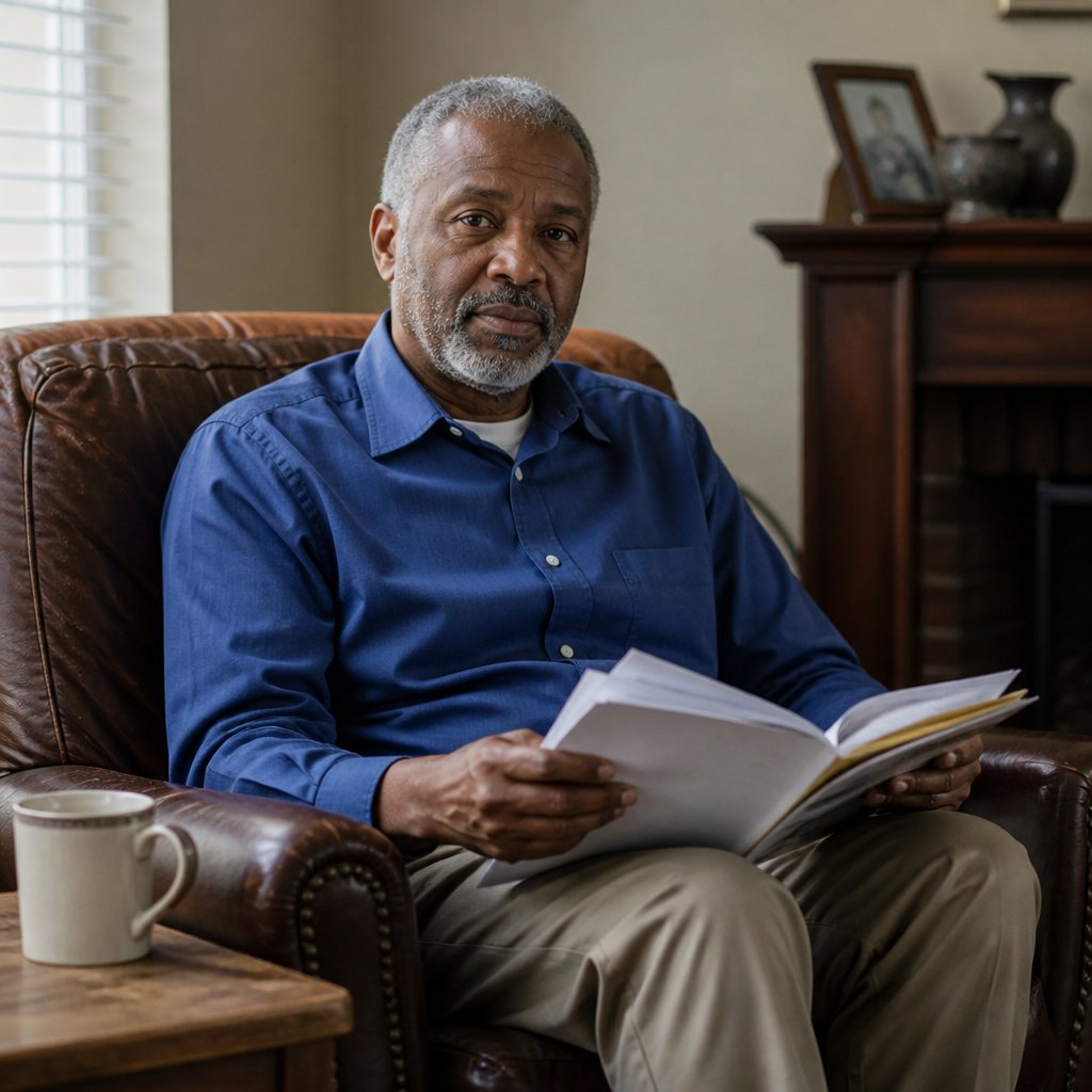 Man reviewing HOA covenants and deed documents in living room.