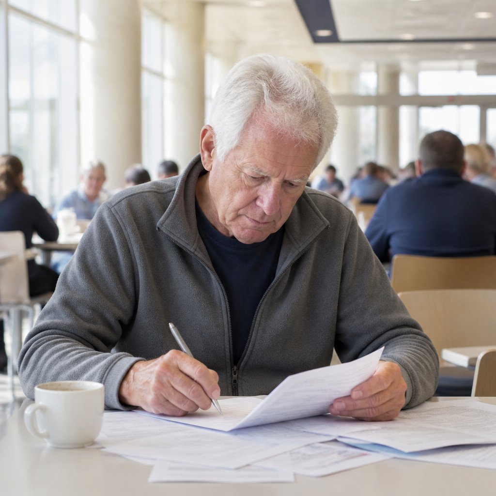 Older man working on medical paperwork in hospital cafeteria.
