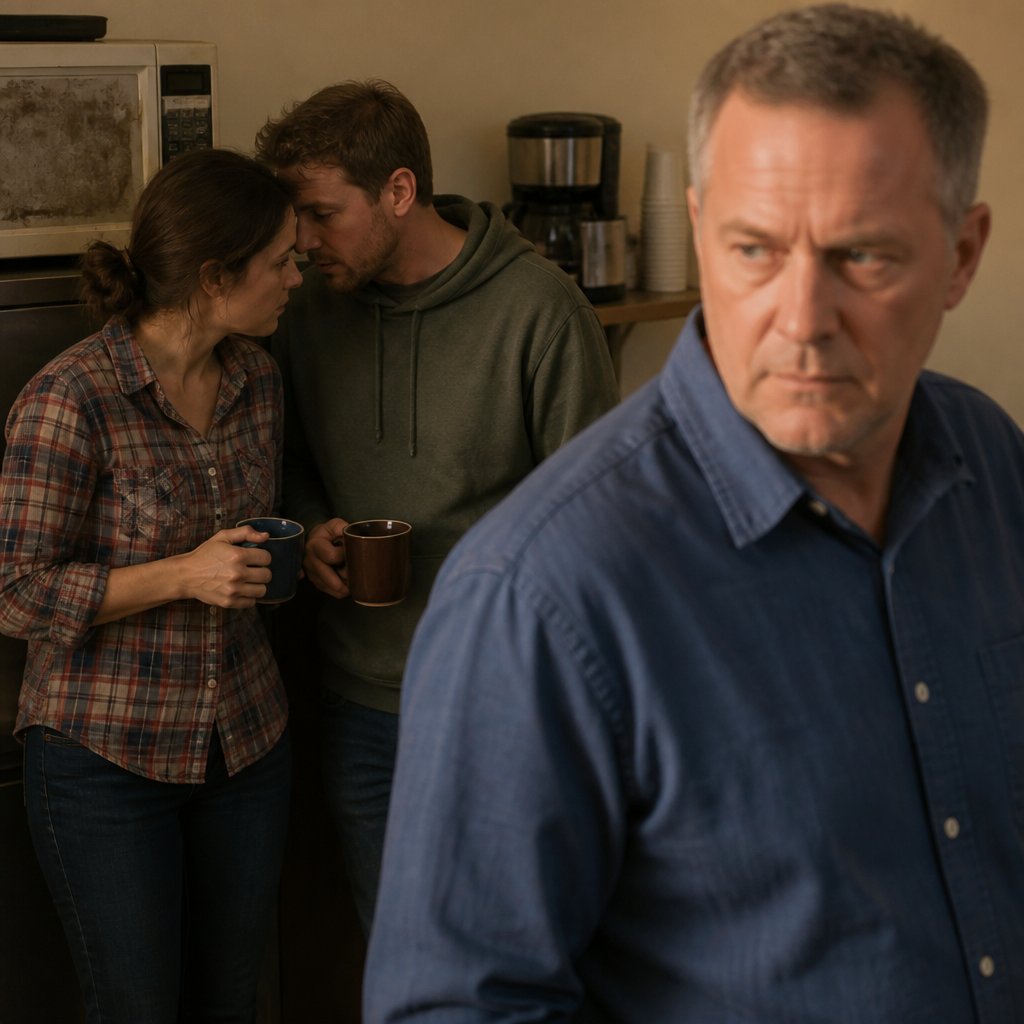 Coworkers whisper nervously in break room as man passes by