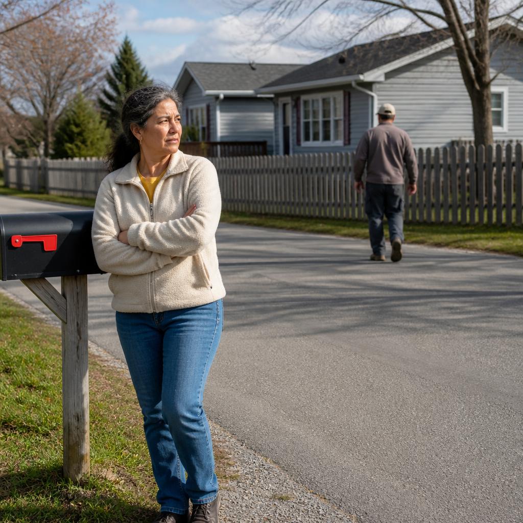 Woman near mailbox watching a man walk away from a house and yard