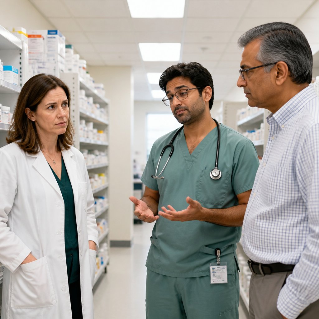 Pharmacist questions allergy authenticity while resident dismisses concern.