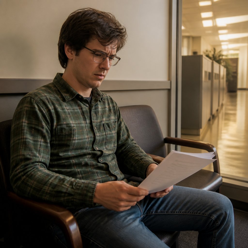 Young man in flannel shirt sitting in HR waiting area holding documents looking frustrated