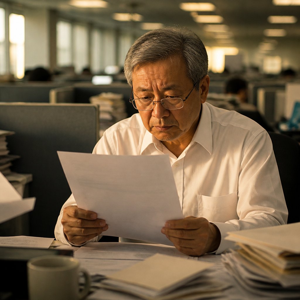 Man studying a performance review with coded criticisms at his office desk.
