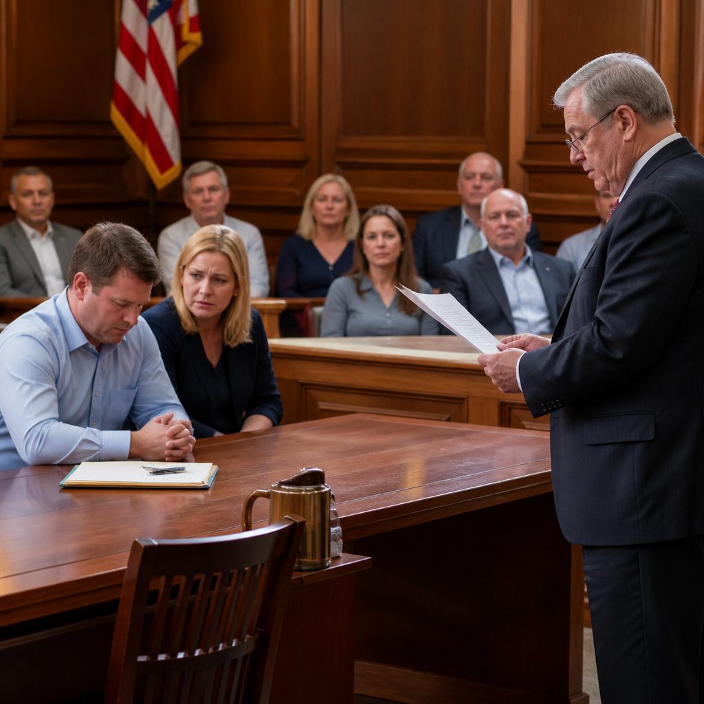 Defense lawyer reading contract clause to jury while plaintiff looks down knowing it's bad