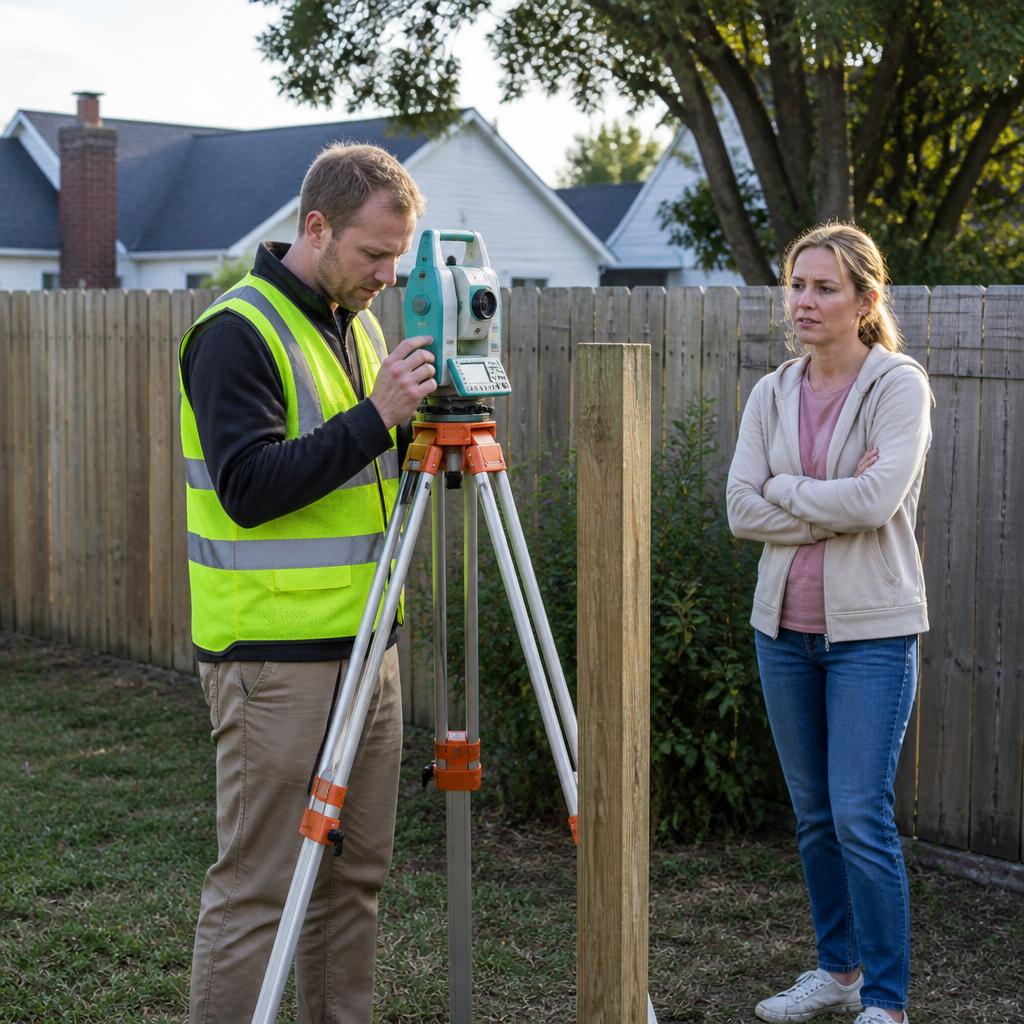 Surveyor measuring property line while homeowner looks on anxiously