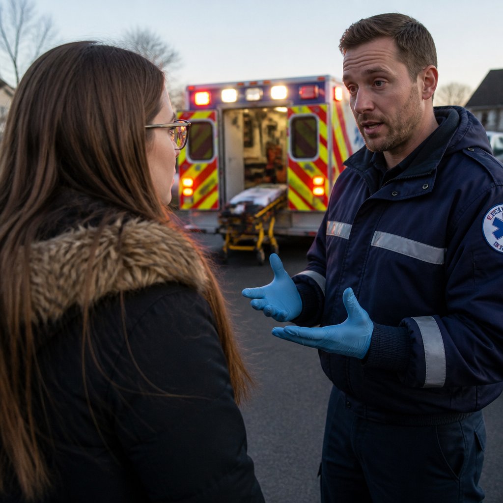 Woman speaking with a paramedic outside an ambulance in cold weather, tension on her face.