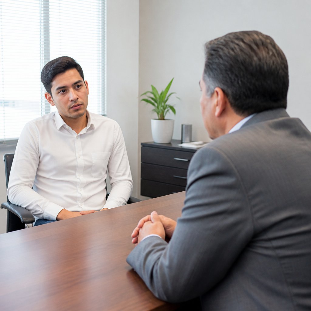 Man meeting with risk manager in office discussing severance offer.