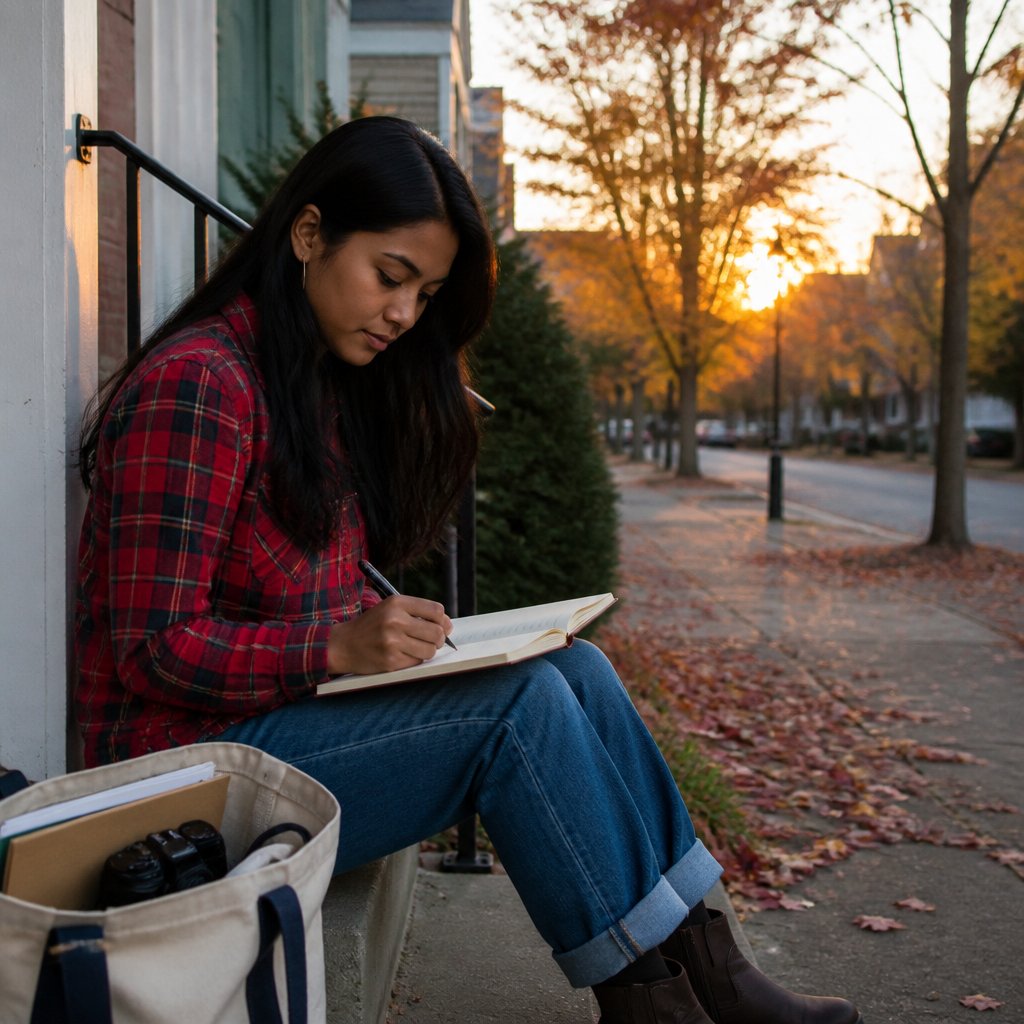 Woman sitting on porch steps at dusk, writing in a notebook, focused and contemplative