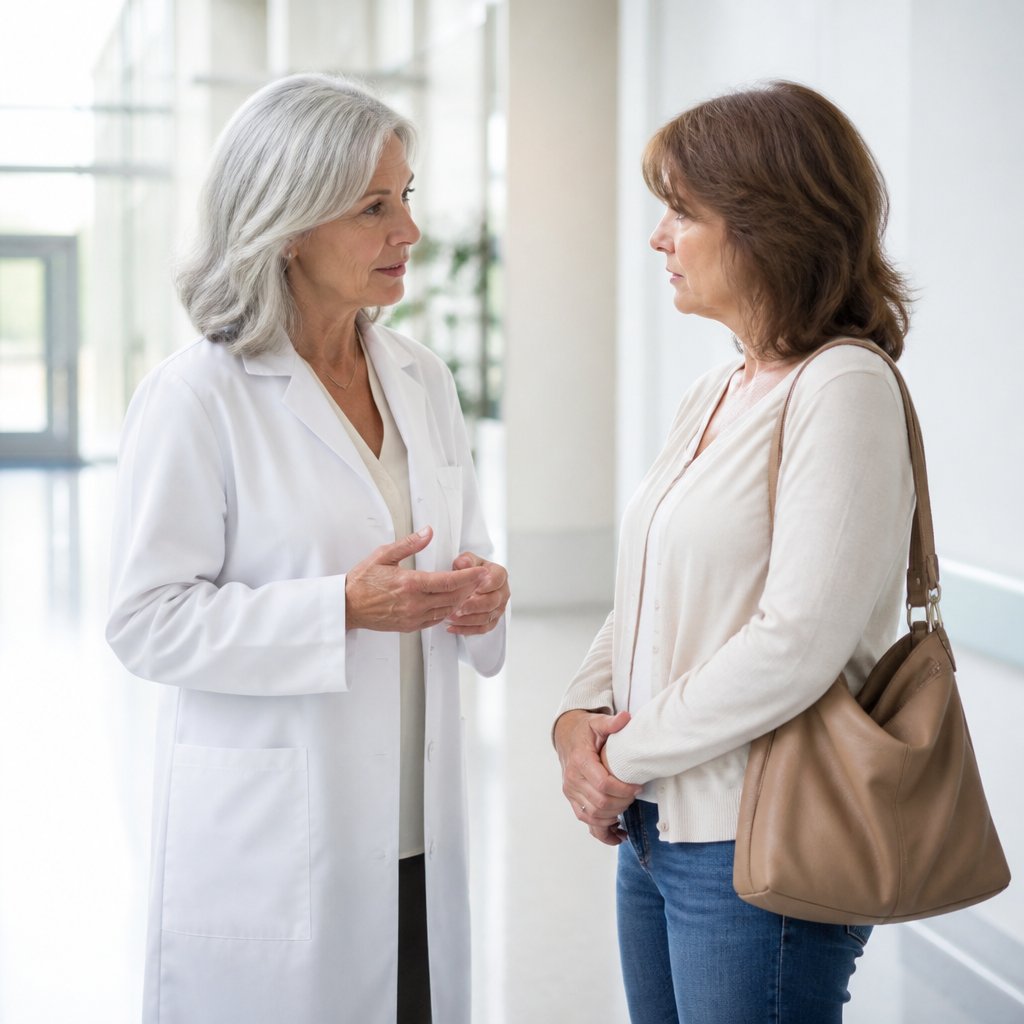 Doctor confronted by anxious patient family member in hospital hallway.