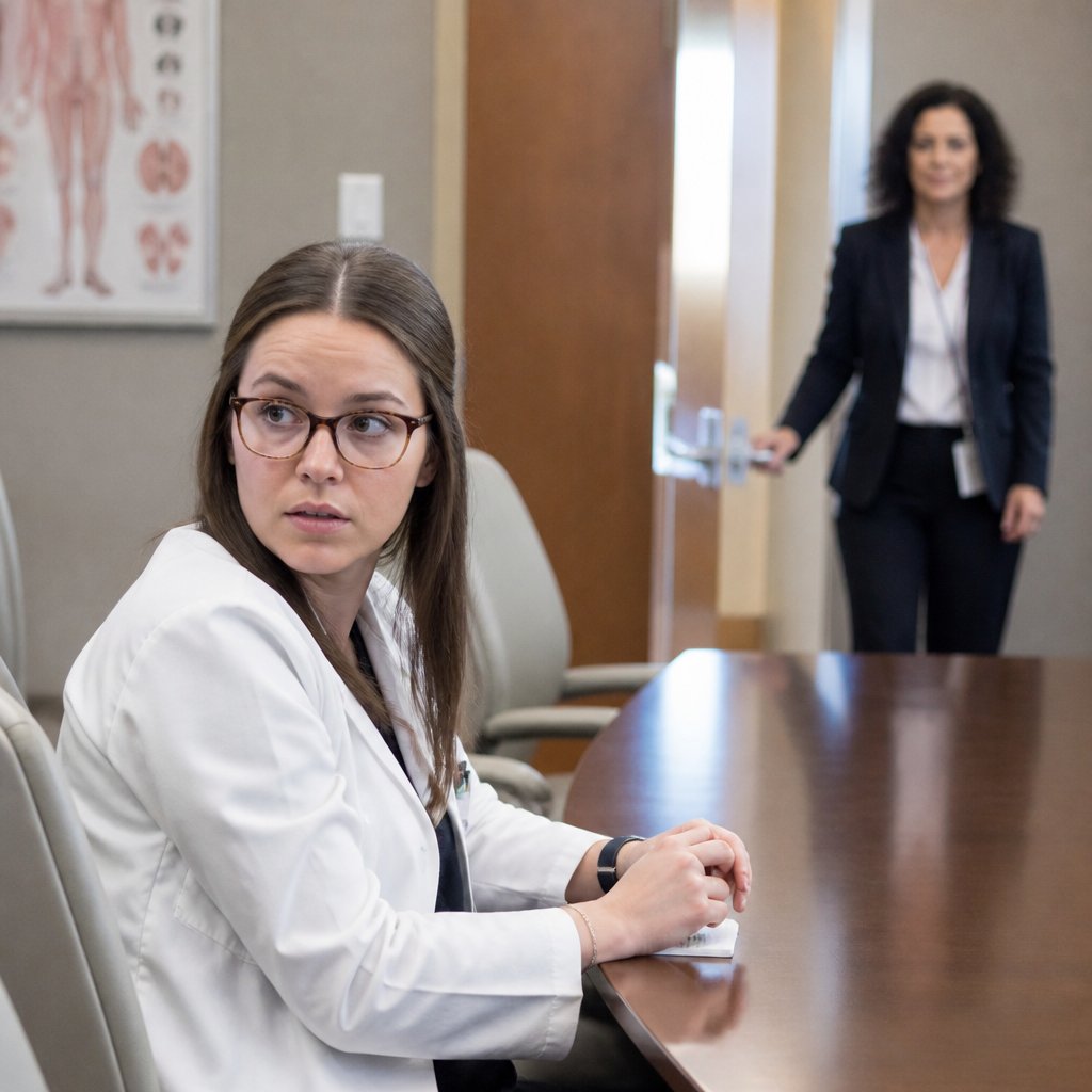 Uneasy resident caught mid-sentence silenced by attending entering conference room.