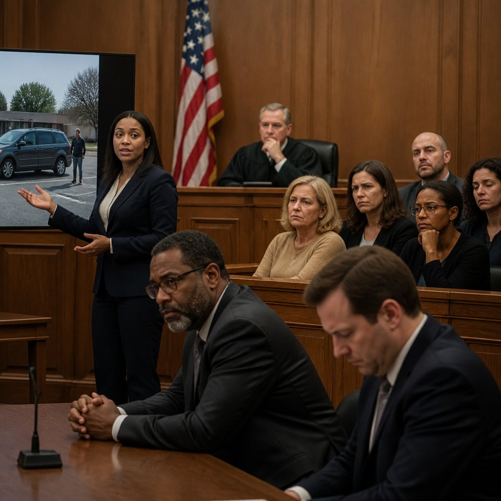 Courtroom reacting to evidence photo as jurors lean forward and defense lawyer looks down