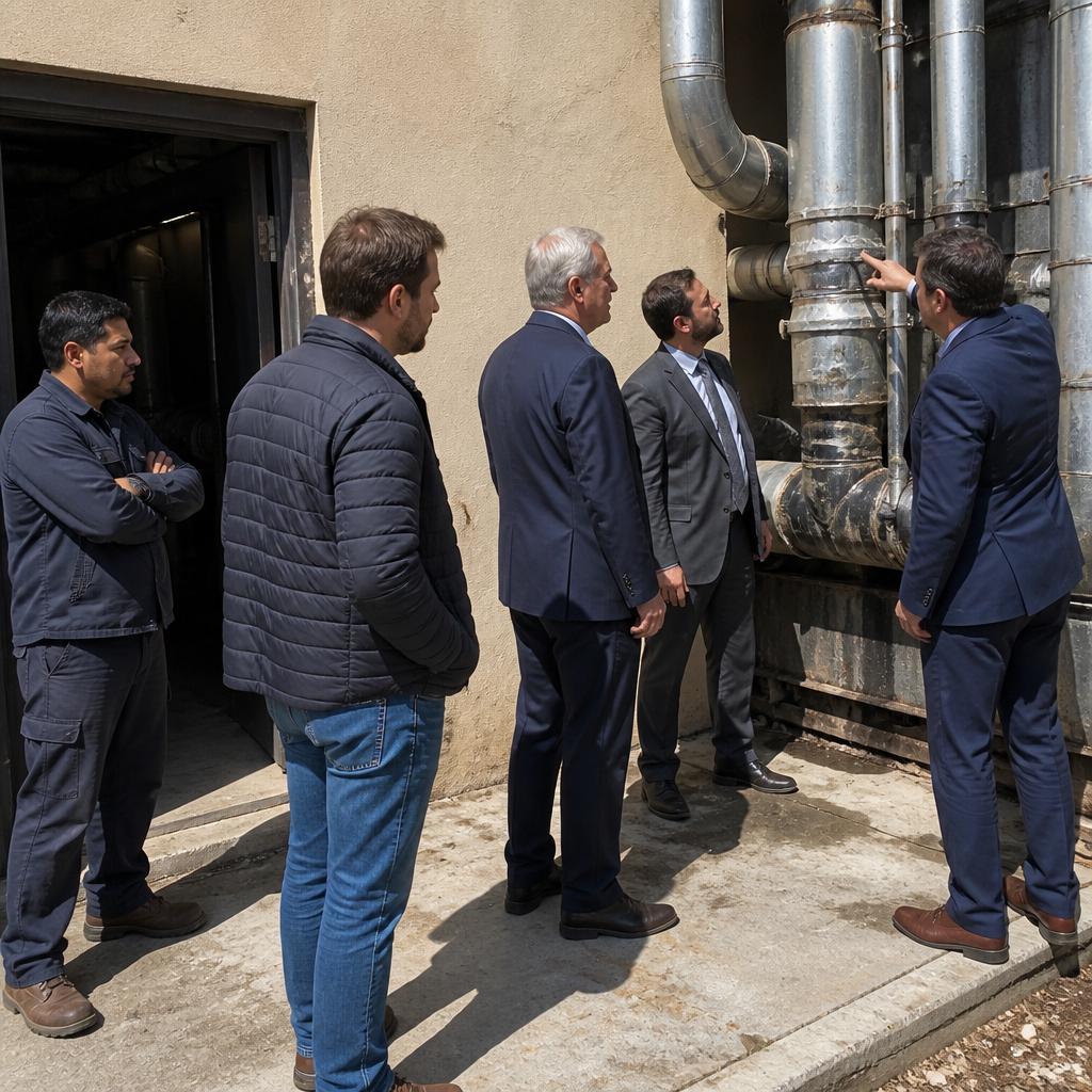 Four people including a judge and lawyers inspecting fresh sealant in a hotel boiler room.