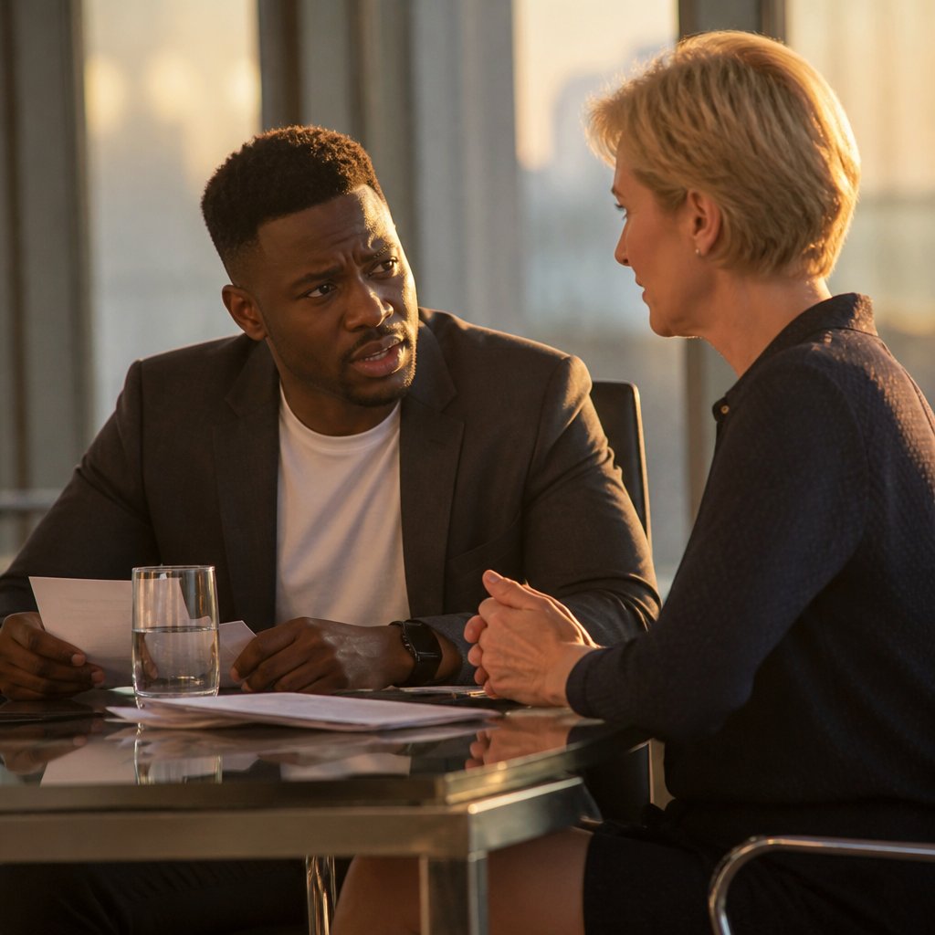 Man and manager in conference room during unexpected PIP meeting.
