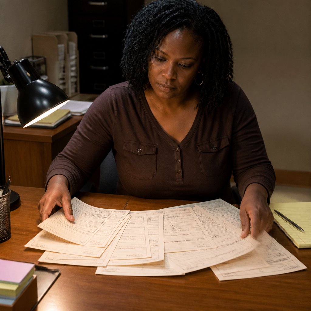Work order documents spread across a desk under lamplight