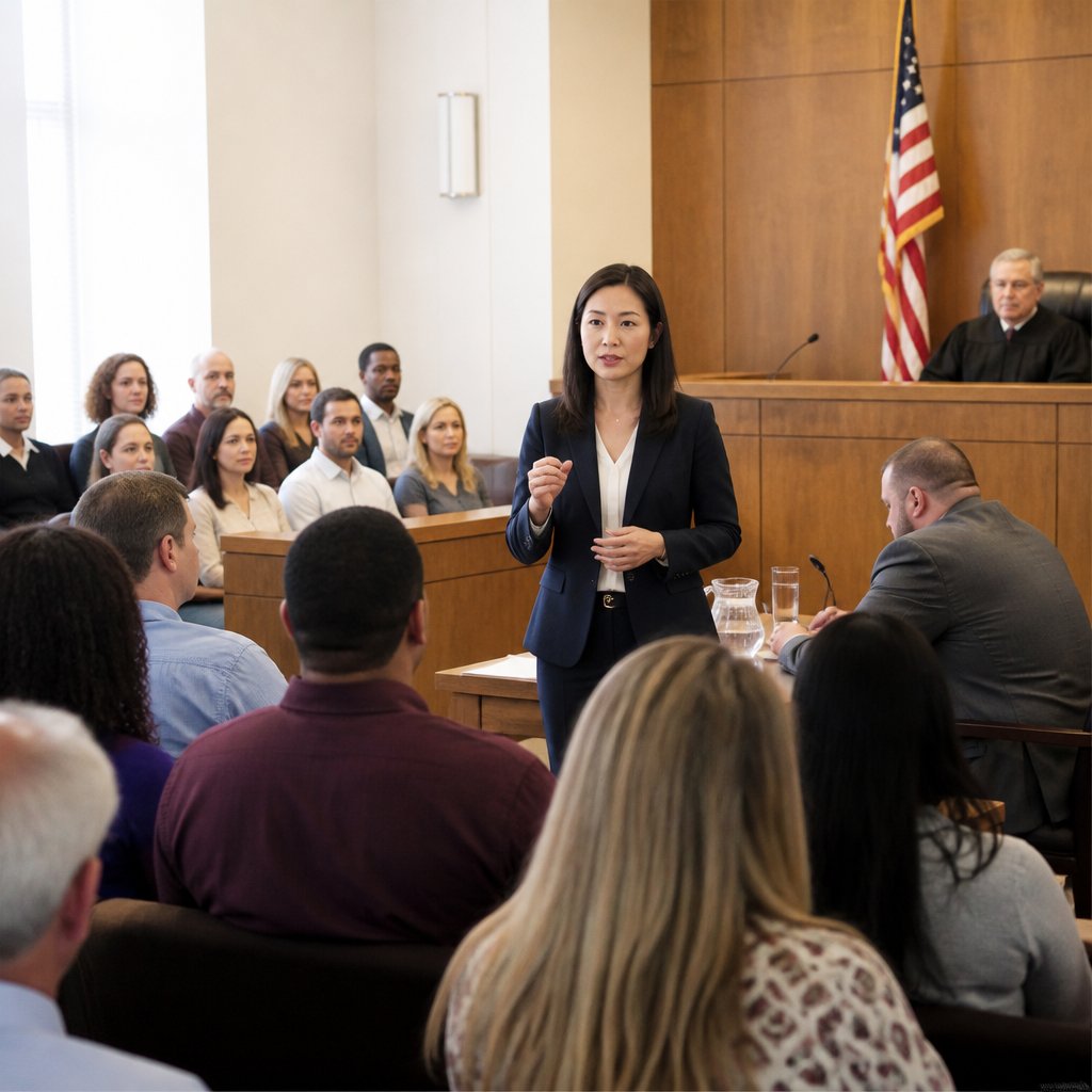 Defense attorney delivering brief closing argument to attentive jury