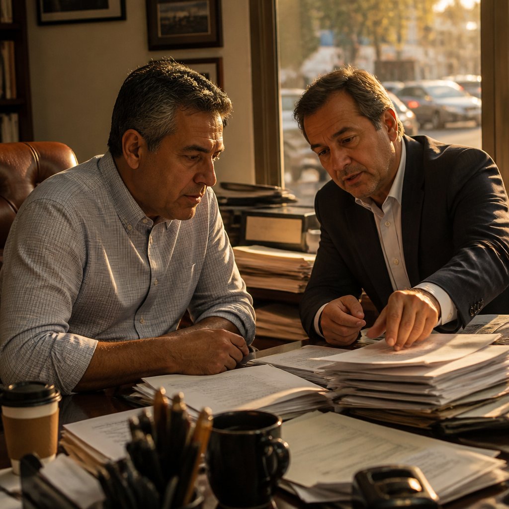 Man and attorney review edited incident report in cluttered office