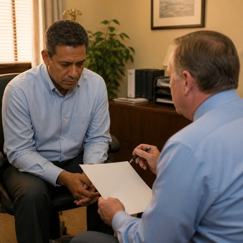 Mara receives PIP document from Troy in HR office