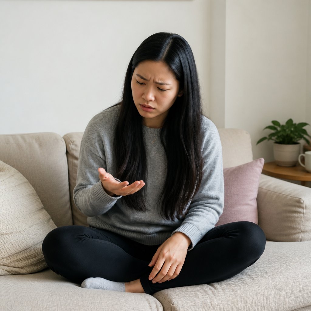 Woman on couch reading misdirected HOA emails on phone, looking puzzled
