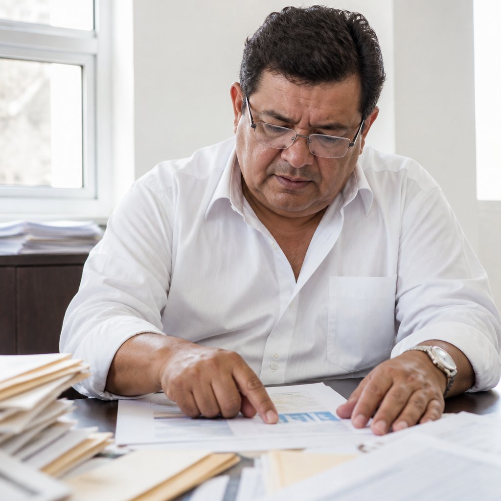 Man reviewing cryotank maintenance reports in legal office