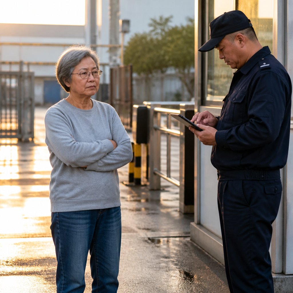 Frustrated older East Asian woman waits outside factory security checkpoint after badge deactivation.