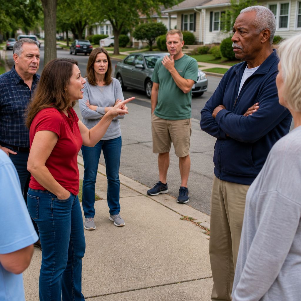 Neighbors arguing on street corner, tense expressions, man standing apart