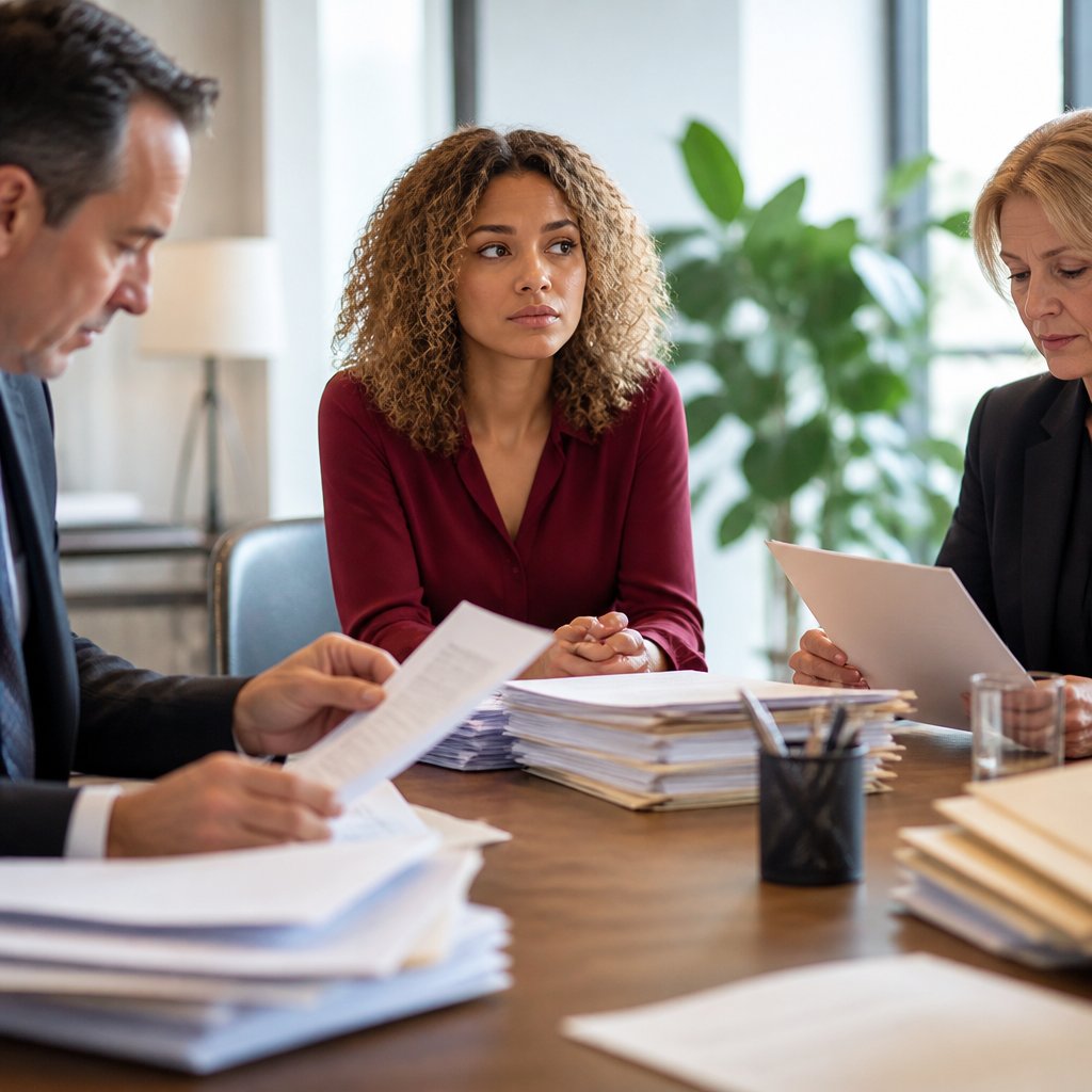Woman attending legal meeting amid piles of documents in conference room