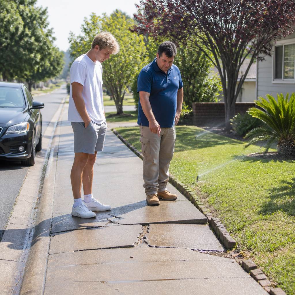 Young man and contractor discuss cracked sidewalk panels in suburban neighborhood
