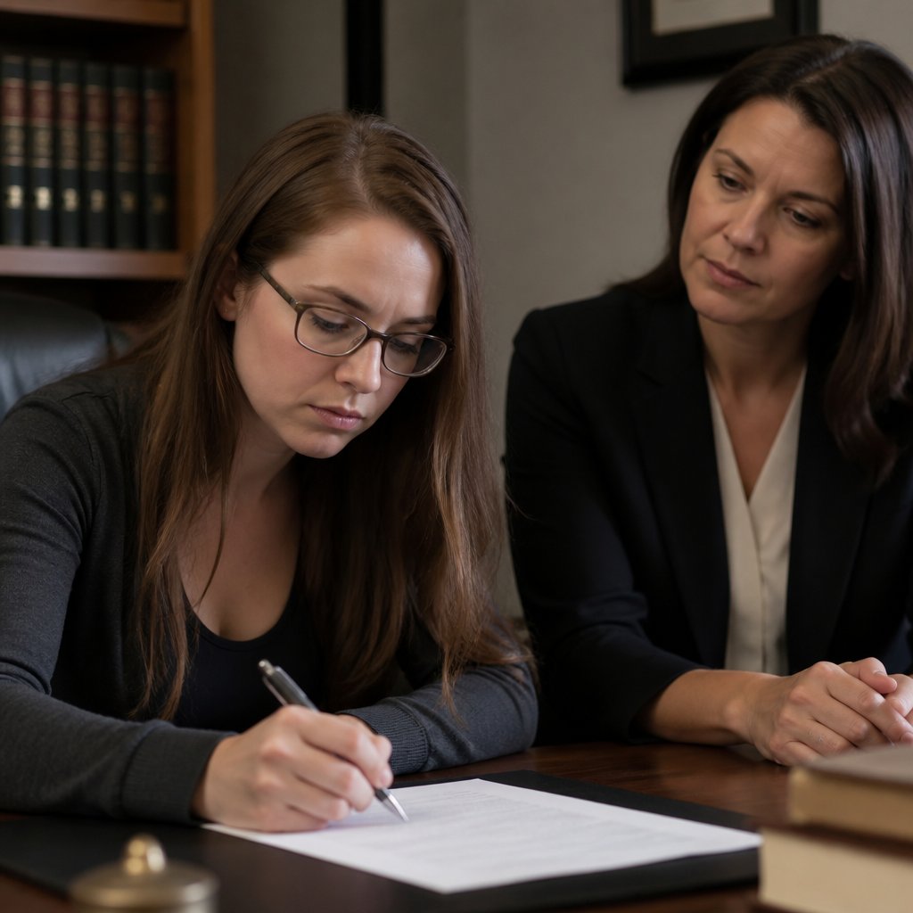 Woman signing settlement paperwork with tight jaw and reluctant body language