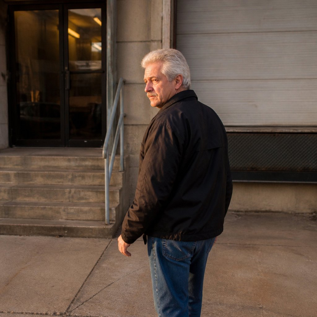 Man locked out at loading dock door looking back toward office